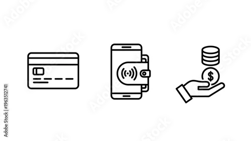 Financial transaction icons including a credit card, a mobile phone with nfc wallet for contactless payments, and a hand holding coins for cash savings, banking, and digital commerce
