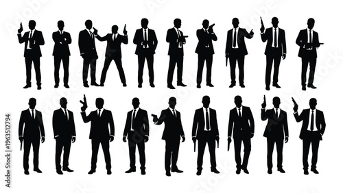Silhouettes of businessmen with guns in various poses