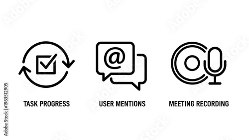 Business collaboration and task management icons featuring project progress cycle, user mention notification speech bubble and audio meeting recording microphone symbols for work apps