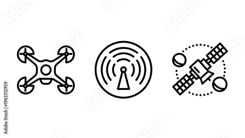 Modern technology and communication icons including a remote control drone, a wireless transmission antenna tower for network signals, and an orbital satellite for global data connectivity