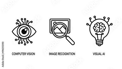 Computer vision and artificial intelligence line icons set for image recognition and visual analysis technology showing eye sensor and neural network concepts for software development apps