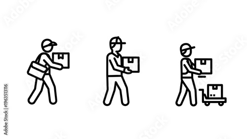 Courier and delivery man icon set showing personnel carrying boxes and using hand trucks for professional package transportation services and logistics workers in simple line art style