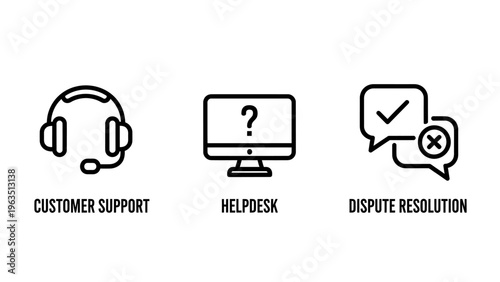 Customer support and helpdesk service icons featuring headset computer help and dispute resolution symbols for business communication and client relationship management for websites