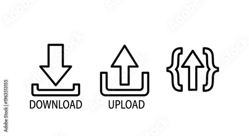 Essential web development icons for file download cloud upload and source code data transfer featuring bold arrows and curly bracket symbols for professional developers and digital storage application