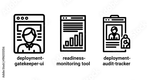 Corporate software deployment gatekeeper readiness monitoring tool and audit tracker line icons showing web interface user profiles analytics progress charts and security verification document symbols