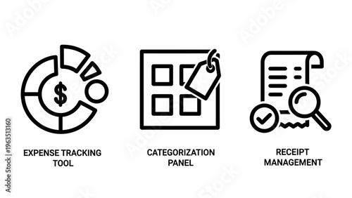 Financial management icons for expense tracking tool categorization panel and receipt management showing budget pie charts organization tags and verified digital transaction paper documents for apps