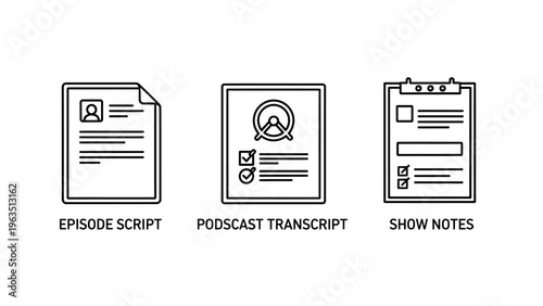 Creative line icons for media production including episode script podcast transcript and show notes document symbols for audio broadcasting content planning and professional journalism tasks for web