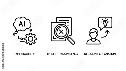 Artificial intelligence icons for explainable AI model transparency and decision explanation featuring neural network gears magnifying glass research documents and human insight brain symbols for tech