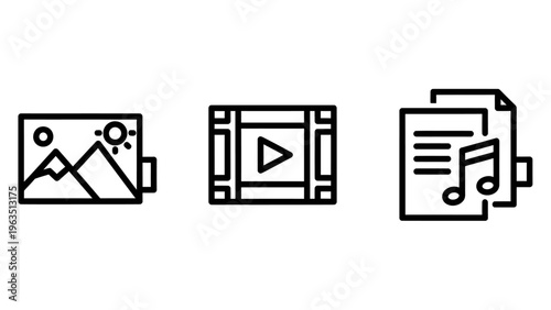 Professional multimedia file type icons representing digital images clips and audio soundtracks and visual landscape frame cinema reel and musical note document symbols for content creators