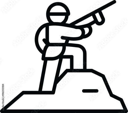 Hunter aiming rifle icon vector illustration, outdoor shooting activity line art symbol design