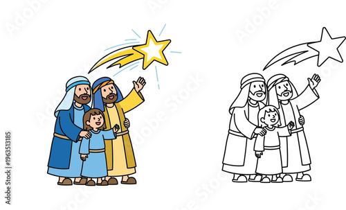 Vector illustration of biblical figures and a child pointing at the Star of Bethlehem, featuring both colored and black-and-white line art versions for a coloring book.