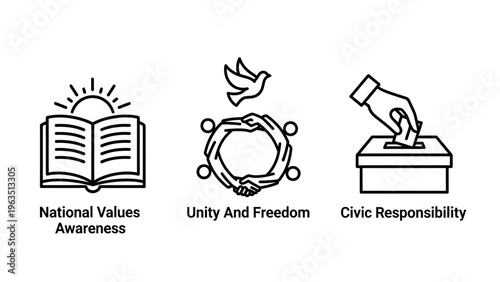 National values unity and civic responsibility icon set featuring open book with rising sun dove of peace with joined hands and hand casting a ballot into a voting box for democracy graphics