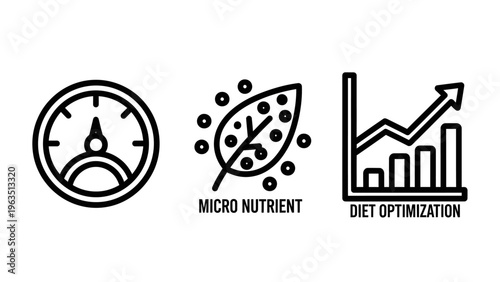 Nutrition and diet optimization icon set featuring a performance gauge, micronutrient leaf, and health growth chart for wellness tracking, metabolic monitoring, and dietary supplement analysis