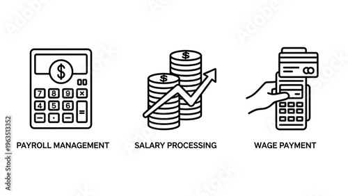 Financial payroll management and salary processing icon set featuring an accounting calculator, coin stacks with growth arrow, and hand holding a credit card at a payment terminal system
