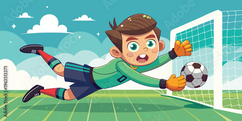 A young goalkeeper making a dramatic save during a soccer match with excitement and focus