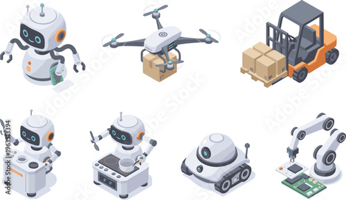 Isometric service and industrial robot collection featuring domestic helper robots delivery drones warehouse forklifts and automated cooking assistants.