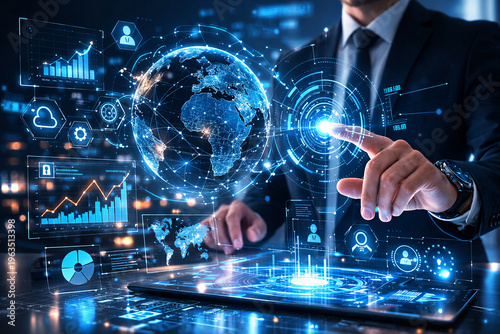 Data-Driven Insights: A professional in a sharp suit interacts with an immersive digital interface, surrounded by interactive graphs and data visualizations.