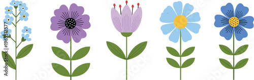 Colorful Flower Icon Set Featuring Blue, Purple, and Yellow Floral Designs with Green Stems and Leaves