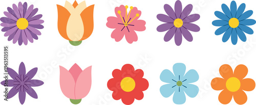 Colorful Flower Icon Set Featuring Various Floral Designs in Purple, Red, Pink, Blue, and Yellow with Simple Petals and Leaves