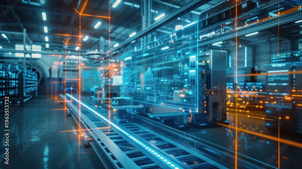 Fototapeta premium Factory production line and futuristic interface