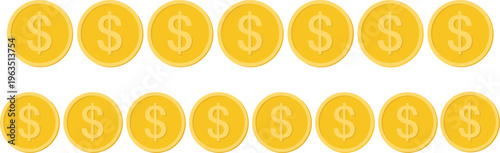 Gold coin set with dollar symbol, shiny cartoon currency icons collection, flat style golden money coins isolated for game UI finance design