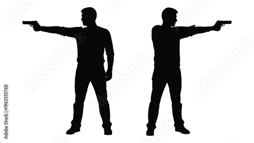 Two men standing in black silhouette holding guns