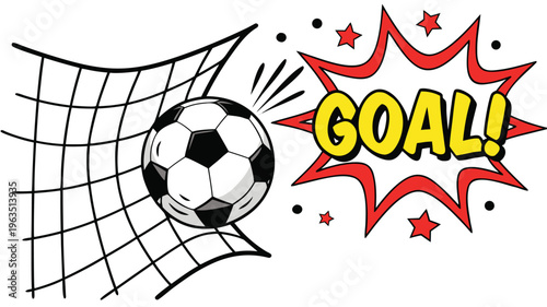 A soccer ball soaring through a net with a celebratory goal explosion