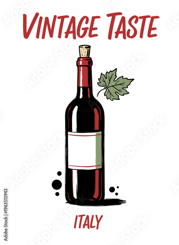 Red wine bottle with blank label and grape leaf, vintage taste Italy graphic illustration for winery menu and label design