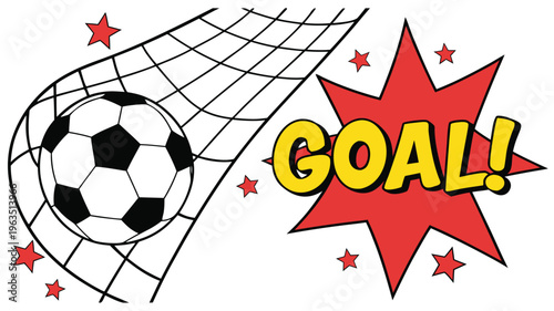 A triumphant soccer goal celebration with a net bulging under the ball’s impact and a goal sign.