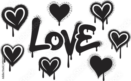 Graffiti love hearts vector illustration, dripping spray paint text and romantic street art symbols