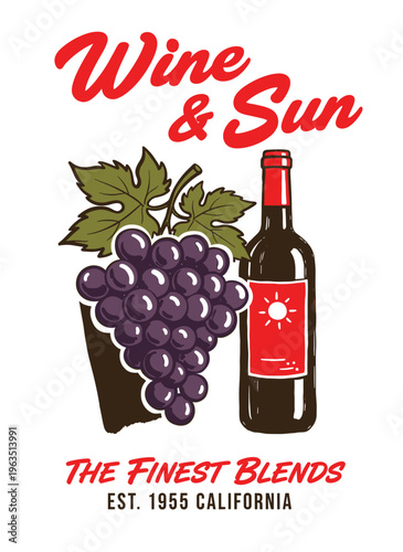 Vintage California winery t-shirt design with wine bottle and grape bunch, hand drawn retro graphic for wine label or logo