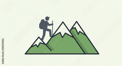 Silhouette of a hiker climbing a mountain peak with snow.