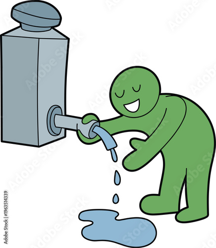 Water saving concept vector illustration, person fixing leaking tap reducing waste eco friendly behavior