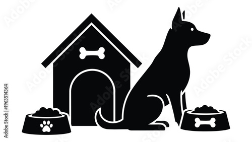 Dog sitting next to doghouse and food bowls