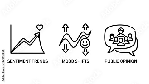 Collection of icons illustrating sentiment trends, mood shifts, and public opinion, showcasing data analysis for social and market research