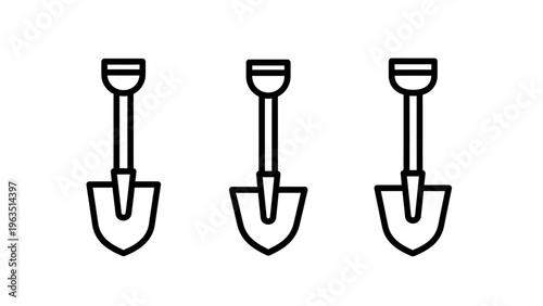 Three identical line art icons of shovels, representing digging, gardening, construction, or manual labor tasks