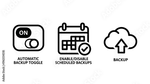 Automatic backup toggle, enabled scheduled backups calendar icon, and cloud upload icon symbolizing data security and cloud storage services