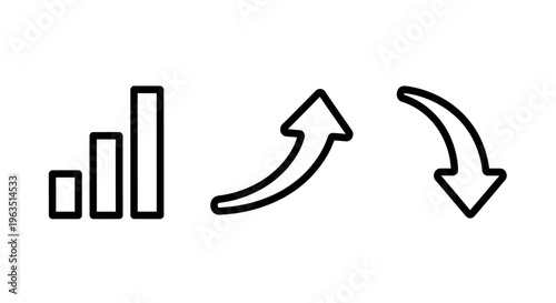 Bar chart icon for data, upward curving arrow, and downward curving arrow representing business growth, progress, and decline or change