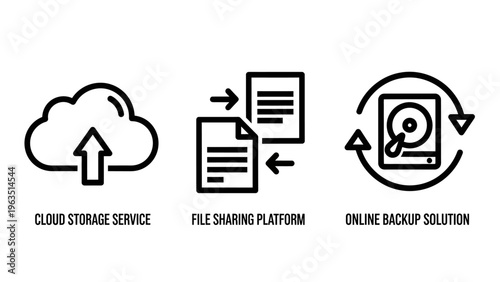 Cloud storage icon with upload arrow, file sharing platform icon with arrows, and online backup solution icon with hard drive symbolizing data management and transfer