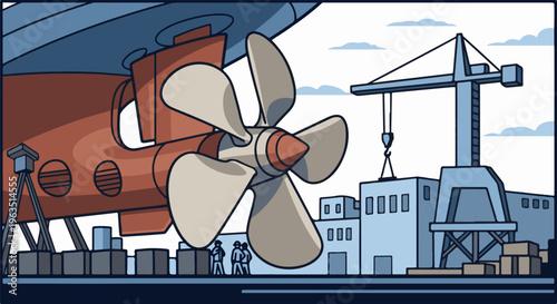 Massive propeller on a ship under construction at a busy shipyard