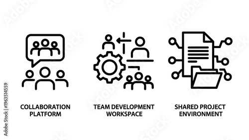 Business icons: collaboration platform, team development workspace, shared project environment, documents and people