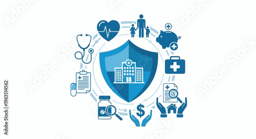 Medical care, family protection, and financial security icons surround a shield with a hospital