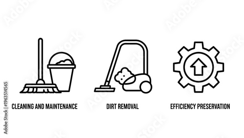 Cleaning and maintenance icons: broom and bucket, vacuum cleaner, and gear with upward arrow symbolizing efficiency and upkeep for homes and businesses