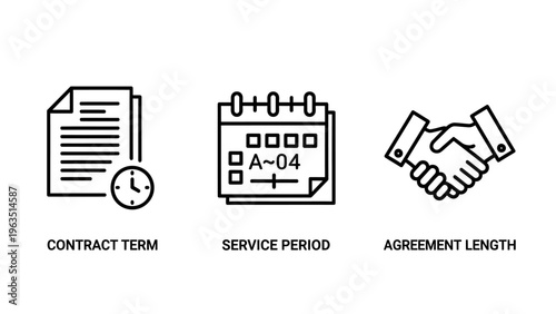 Contract and agreement icons: contract term with clock, service period calendar, agreement length handshake