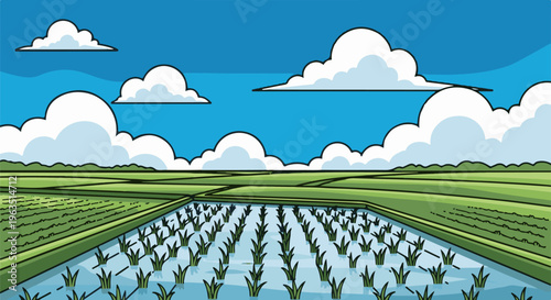 Lush green rice paddies under a bright blue sky with fluffy clouds