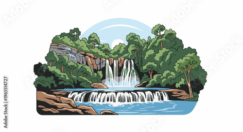 Lush green forest surrounds cascading waterfalls over rocky cliffs into clear blue water