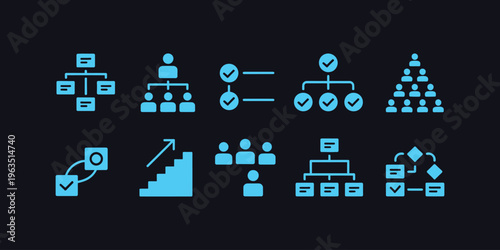 Business and organization icons, solid vector set, workflow, team collaboration, process management, task coordination, productivity and corporate operations concept.