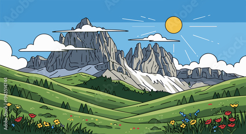 Lush green rolling hills with wildflowers lead to majestic, snow-capped mountains under a sunny sky