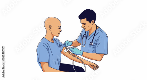 Medical professional administers IV drip to bald patient receiving treatment