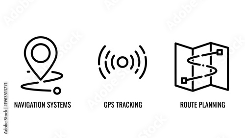 Navigation and tracking icon set: map pin with route, wireless signal waves for gps tracking, and a folded map with a path for route planning, representing travel and location services